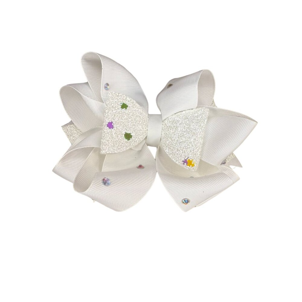 White Glitter Hair Bow with Confetti & Rhinestone Accents – Sparkle Party Style